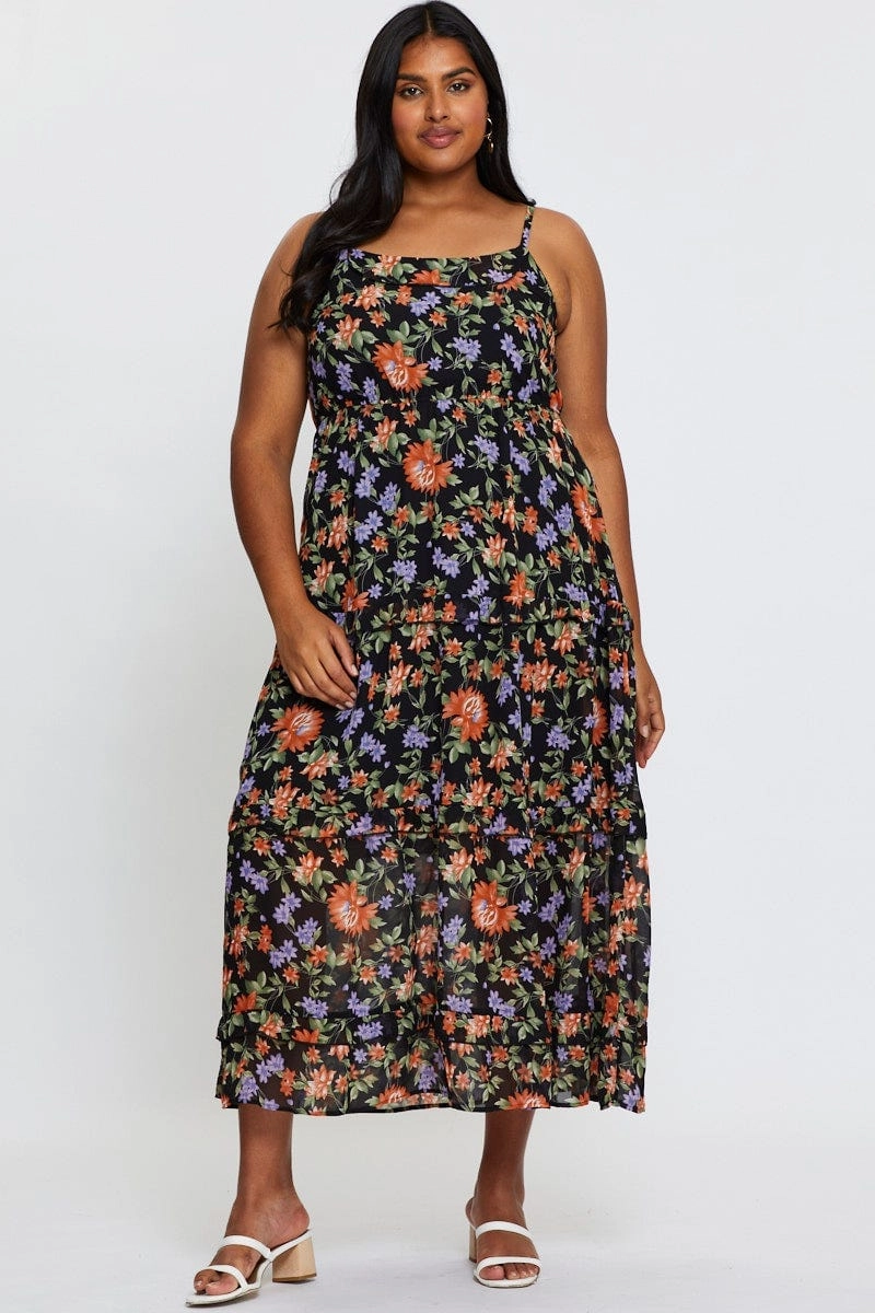 Floral Print Maxi Dress Square Neck Sleeveless Stylish Waist Fit Cocktail-Party