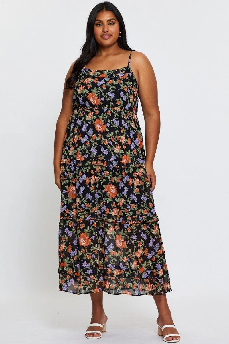 Floral Print Maxi Dress Square Neck Sleeveless Soft Stitch