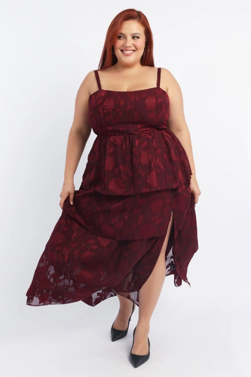 Simple yet sophisticated gown Red Midi Dress Sleeveless Tiered Jacquard