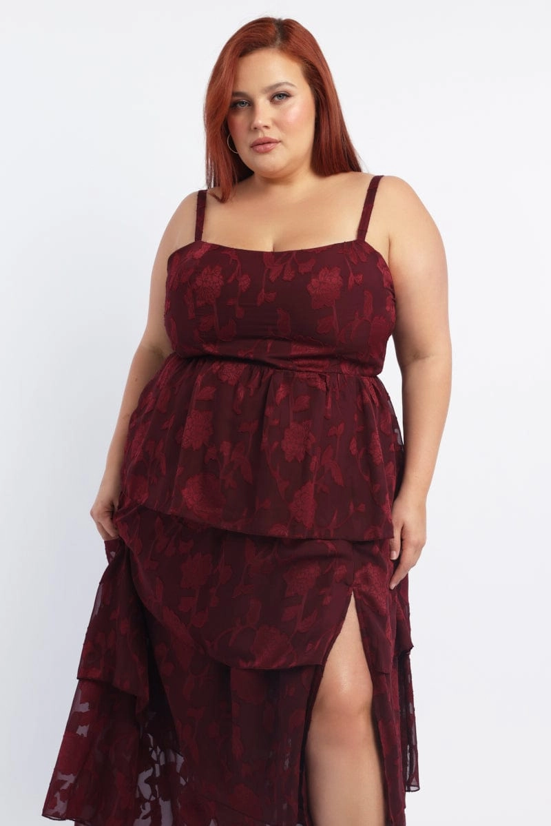 Red Midi Dress Sleeveless Tiered Jacquard LowProfileZipper Drapey Fabric