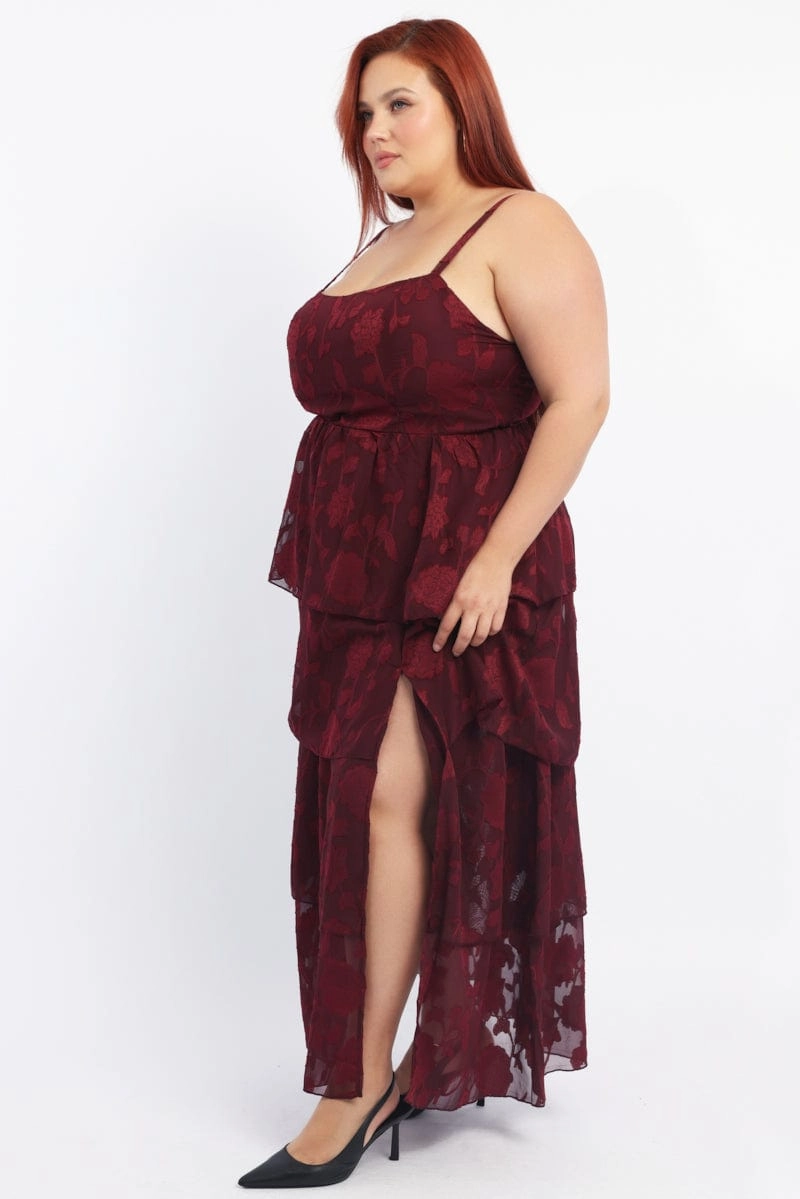 Soft Balance Formal Setting Red Midi Dress Sleeveless Tiered Jacquard