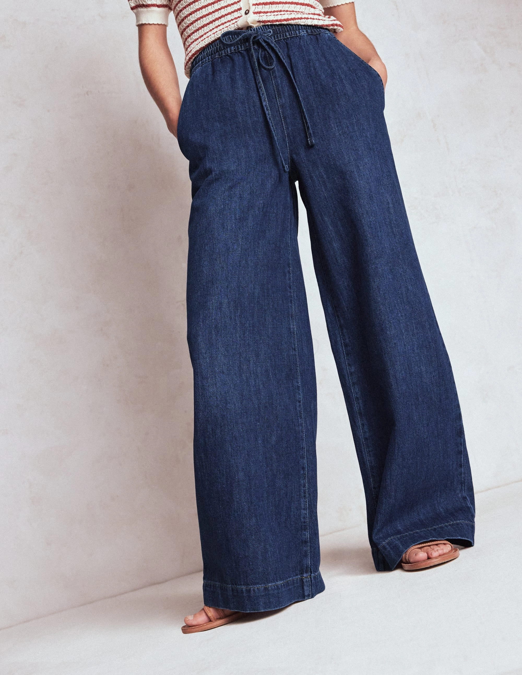Stylish Layers Drawcord Denim Trousers-MID WASH
