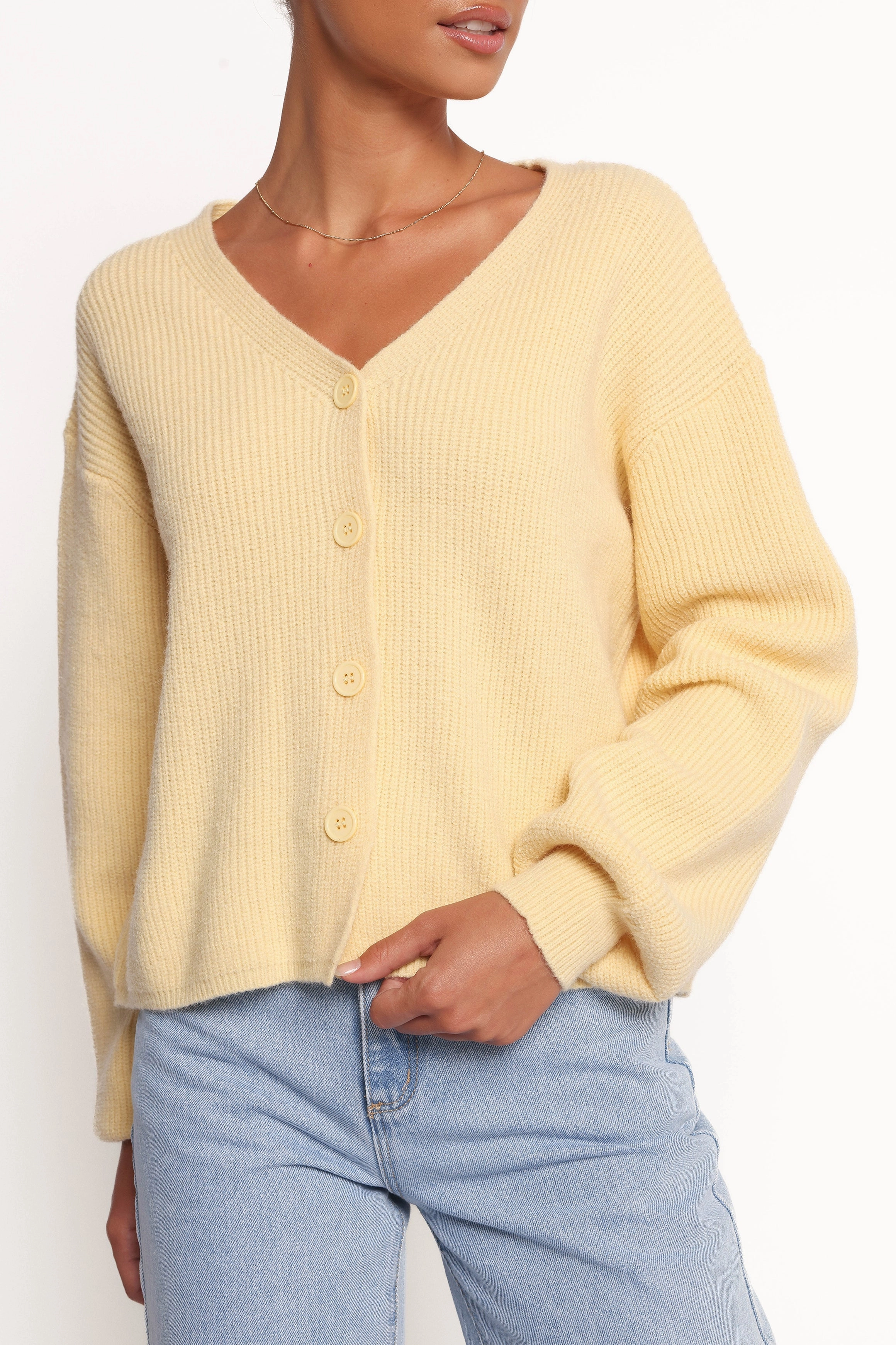 Cashmere Blend smooth zipper Sybil Button Front Cardigan - Butter Yellow