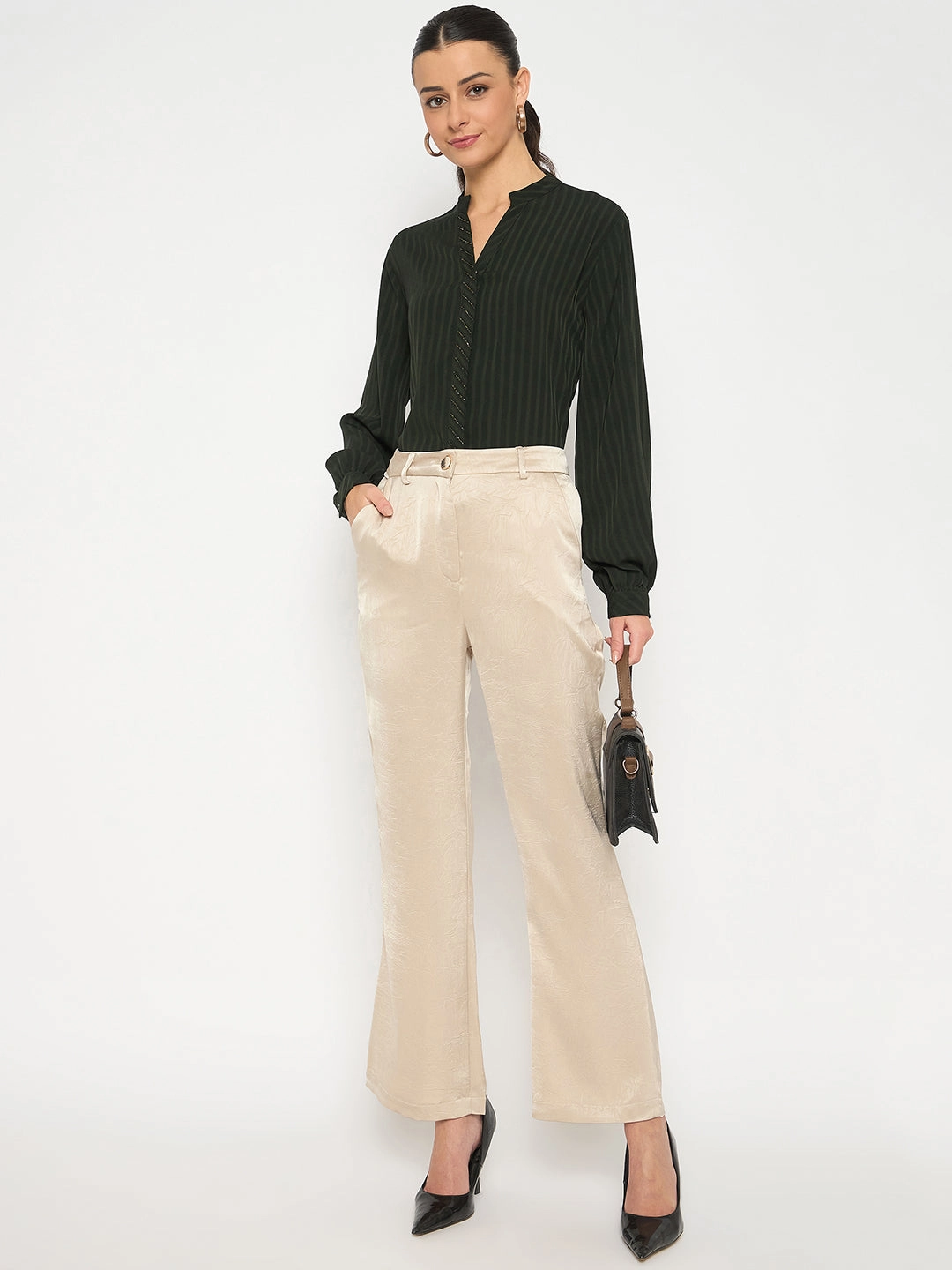 Soft Touch Material Madame Straight Fit Solid Beige Trousers