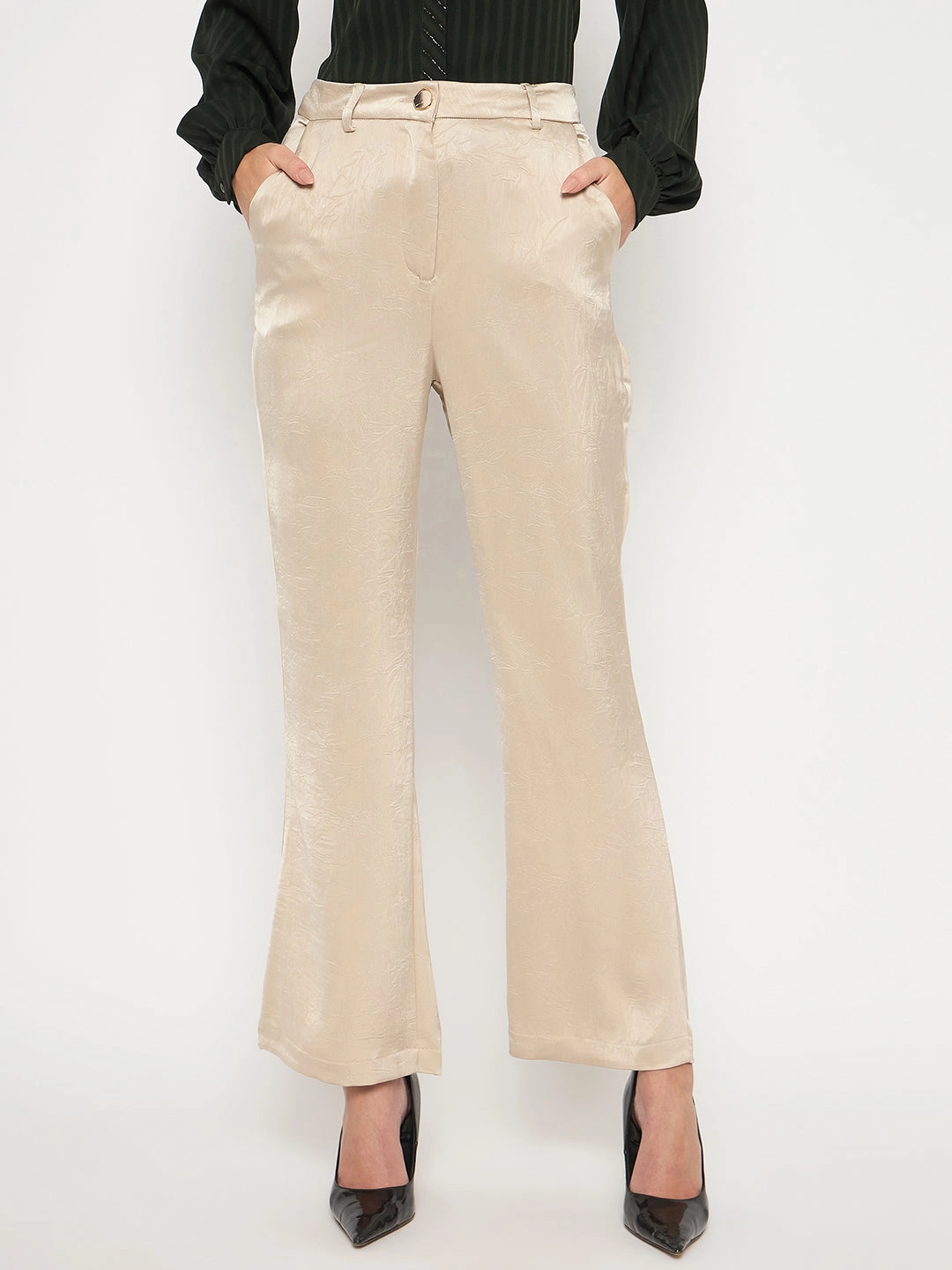 All Season Wear Weekend Comfort Madame Straight Fit Solid Beige Trousers