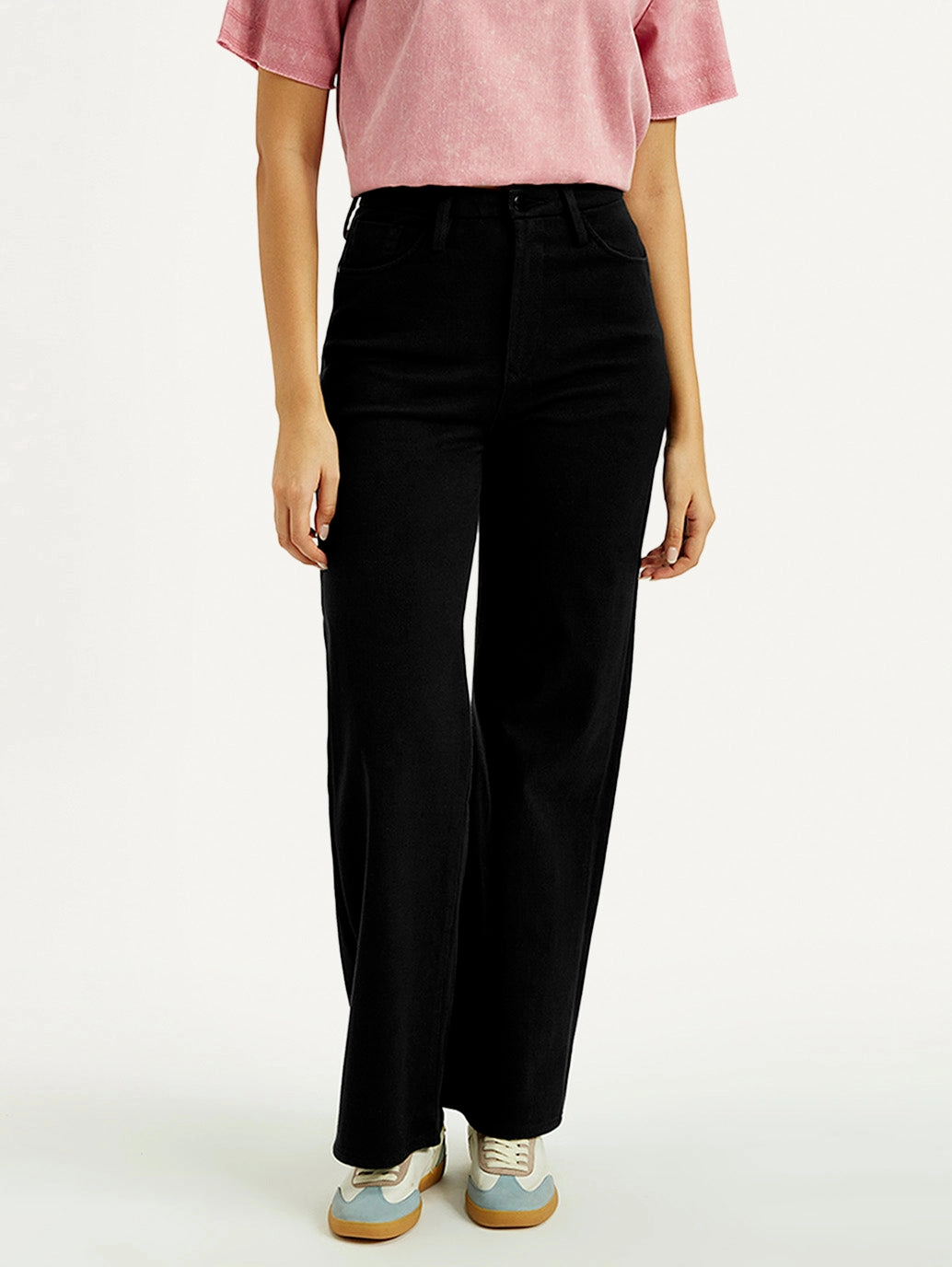 Street Fashion Trend Setter Holiday Vibes Women's Redloop Black Ribcage Bell Bottom Wide Leg Fit High Rise Jeans