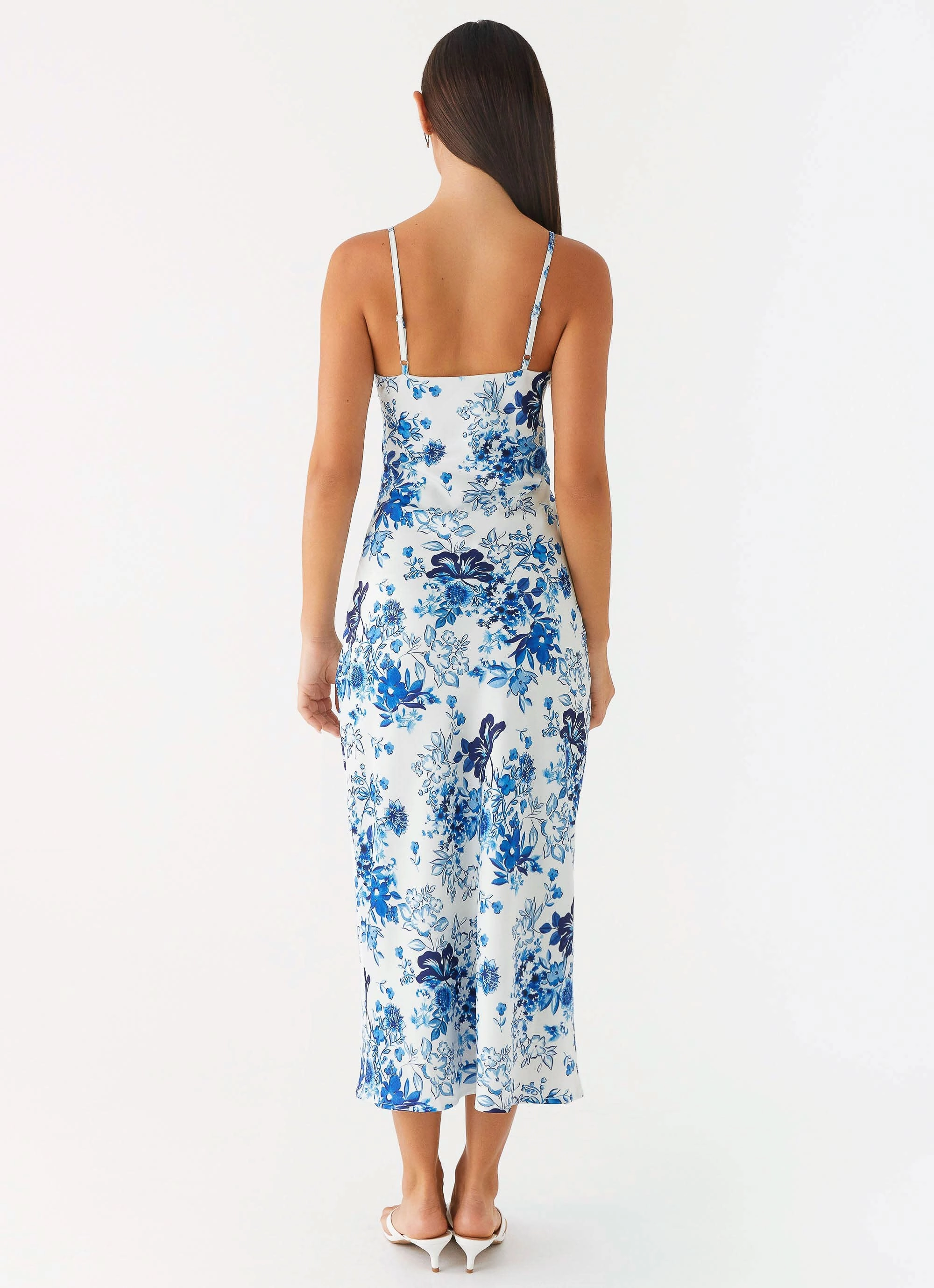 Take Chances Midi Dress - Serene Sky Floral Evening Vibe