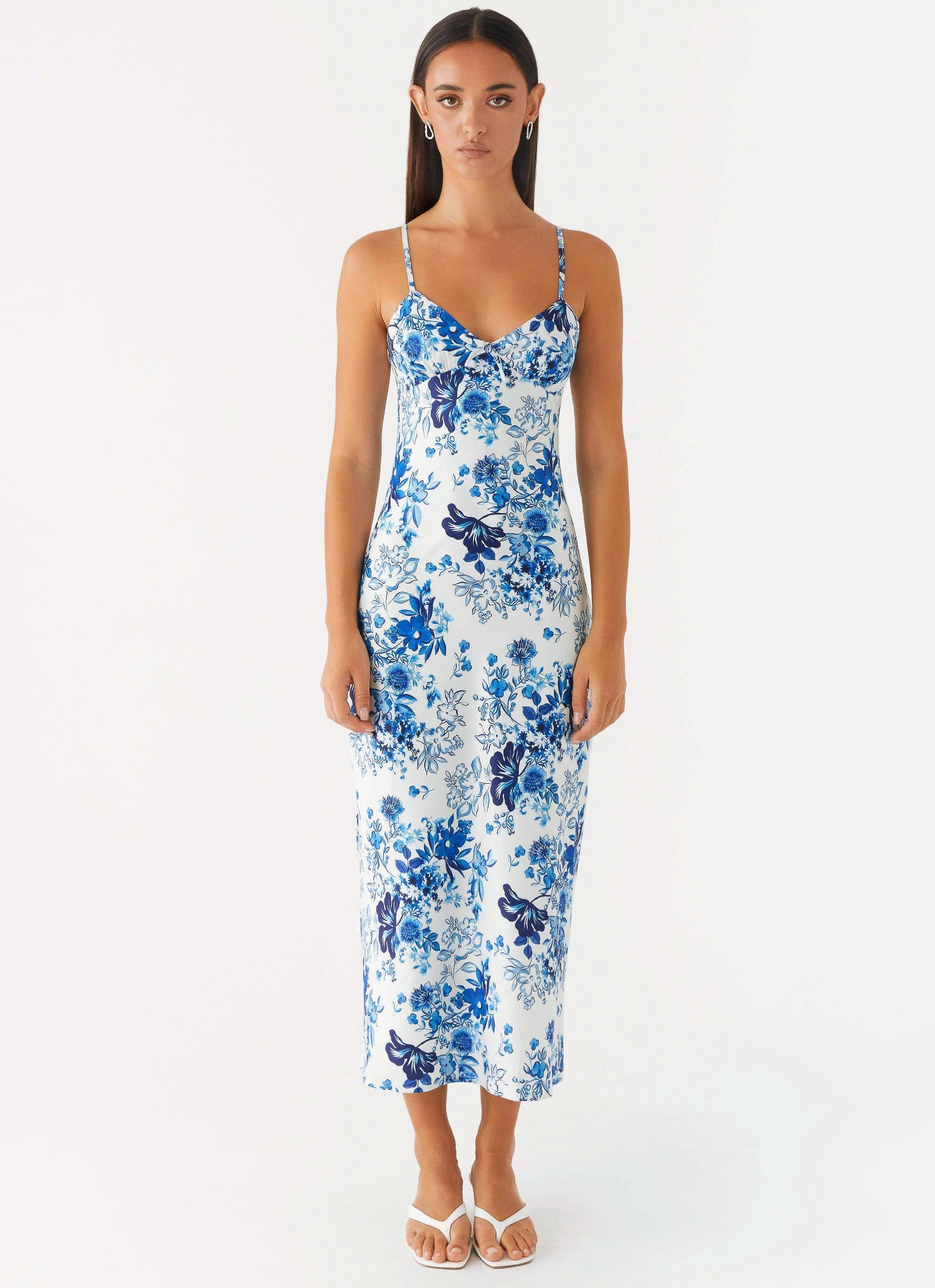 Take Chances Midi Dress - Serene Sky Floral Elegant Waist