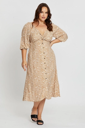 Geo Print 3/4 Sleeve Tie Front Button Midi Dress Smart Tones Pure Motion