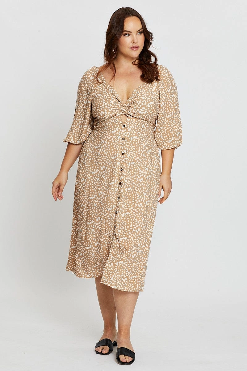 soft elegance Geo Print 3/4 Sleeve Tie Front Button Midi Dress