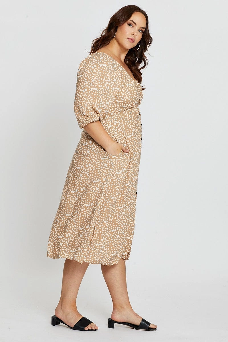 Geo Print 3/4 Sleeve Tie Front Button Midi Dress Youthful Style Textured Surface