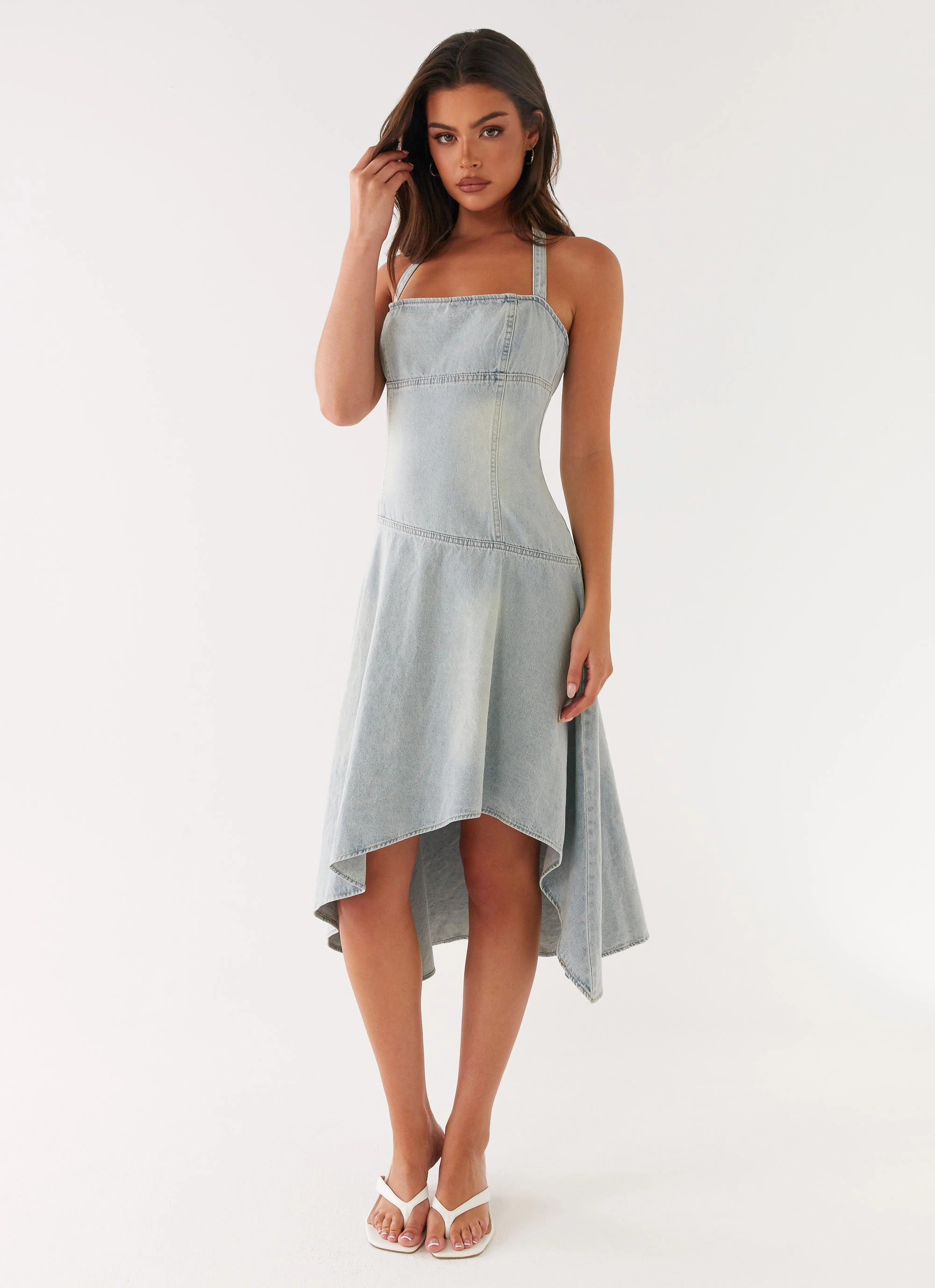 Sunset Hour Loose Flow Tanisha Denim Midi Dress - Washed Blue