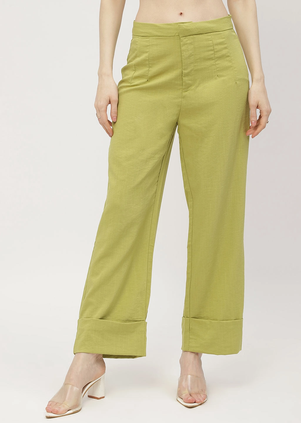 Madame Solid Apple Green Folded Hem Trouser Stay Cool Eco Friendly Fabric