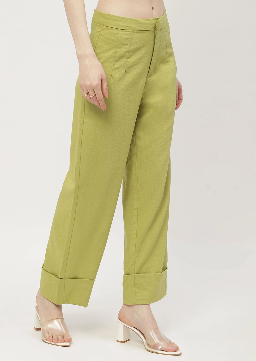Madame Solid Apple Green Folded Hem Trouser Flex Wear Design Basic Utility