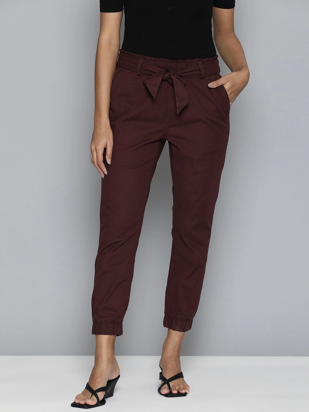 Women's Mid Rise Maroon?Baggy Fit Trousers Adaptable Style
