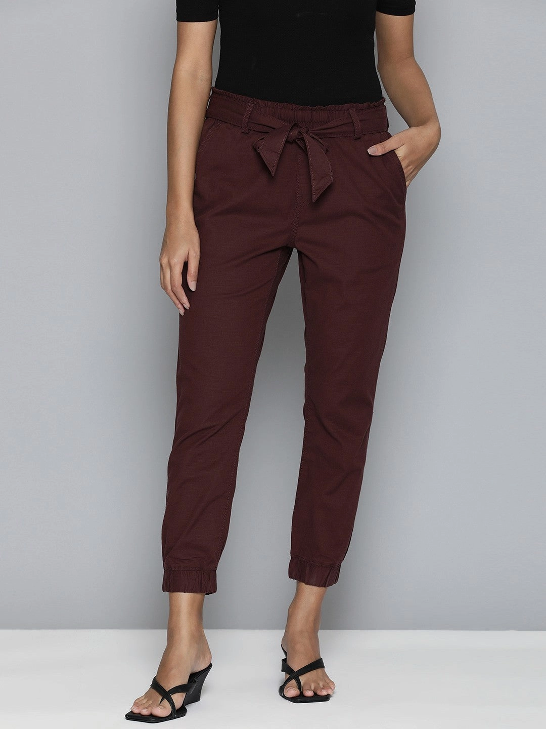 Women's Mid Rise Maroon?Baggy Fit Trousers Double Needle Stitching