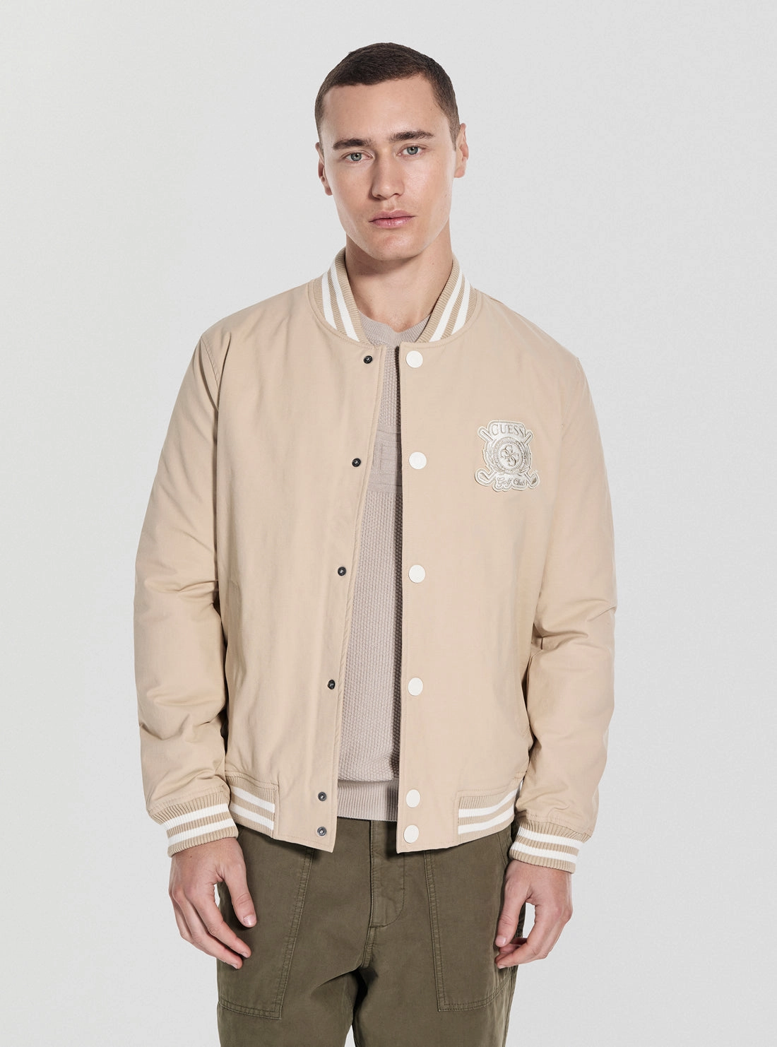 Multi Pocket Utility Travel Ready Beige Emblem Bomber Jacket