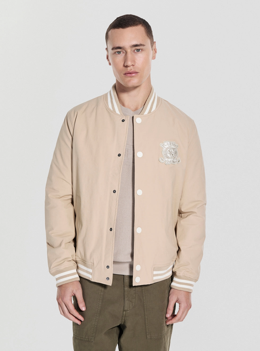 Beige Emblem Bomber Jacket Vegan Safe No Wrinkle