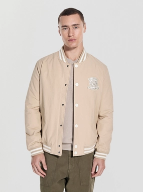Multi Pocket Utility Travel Ready Beige Emblem Bomber Jacket