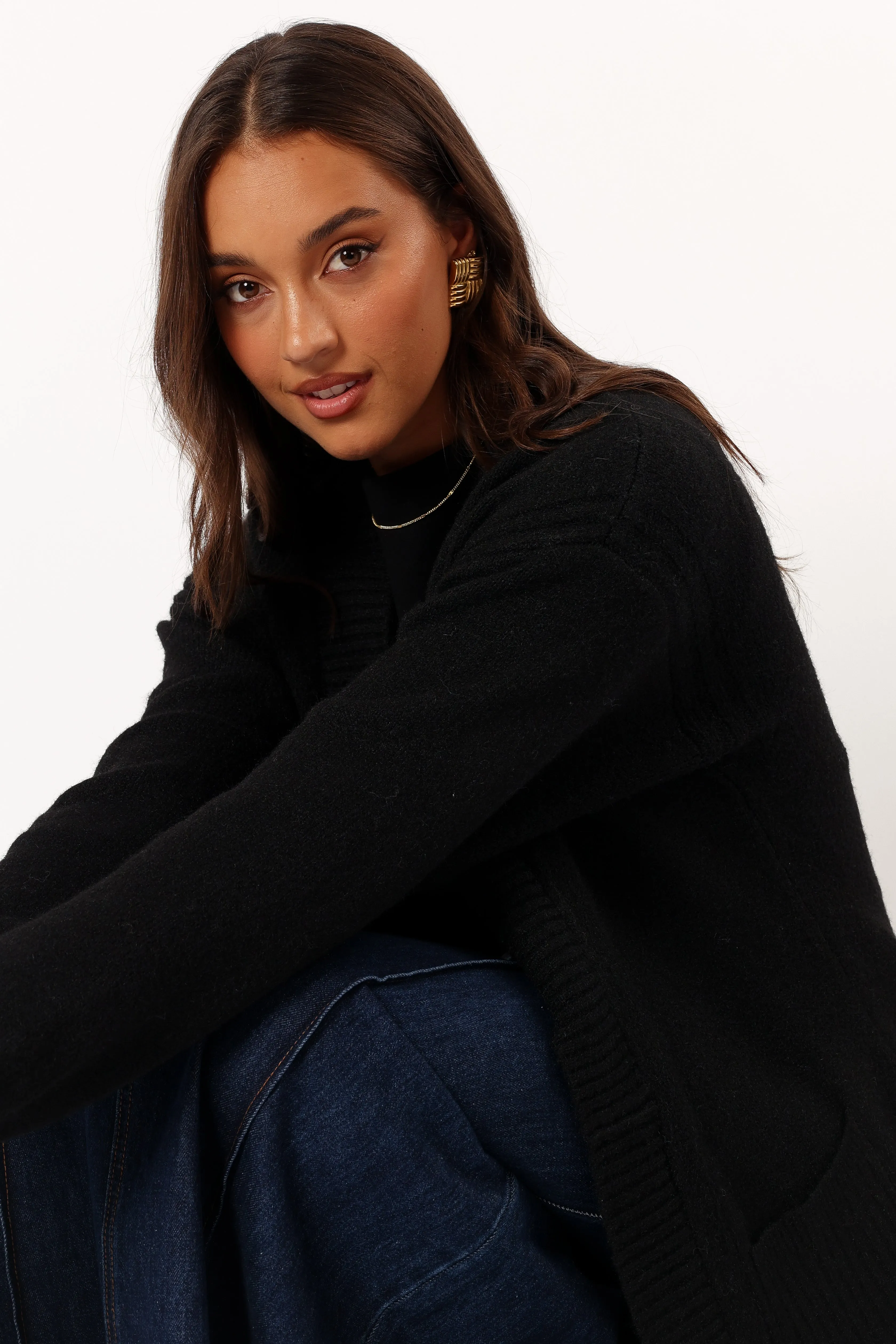 Contrast Stitch Nicolette Open Front Long Cardigan - Black