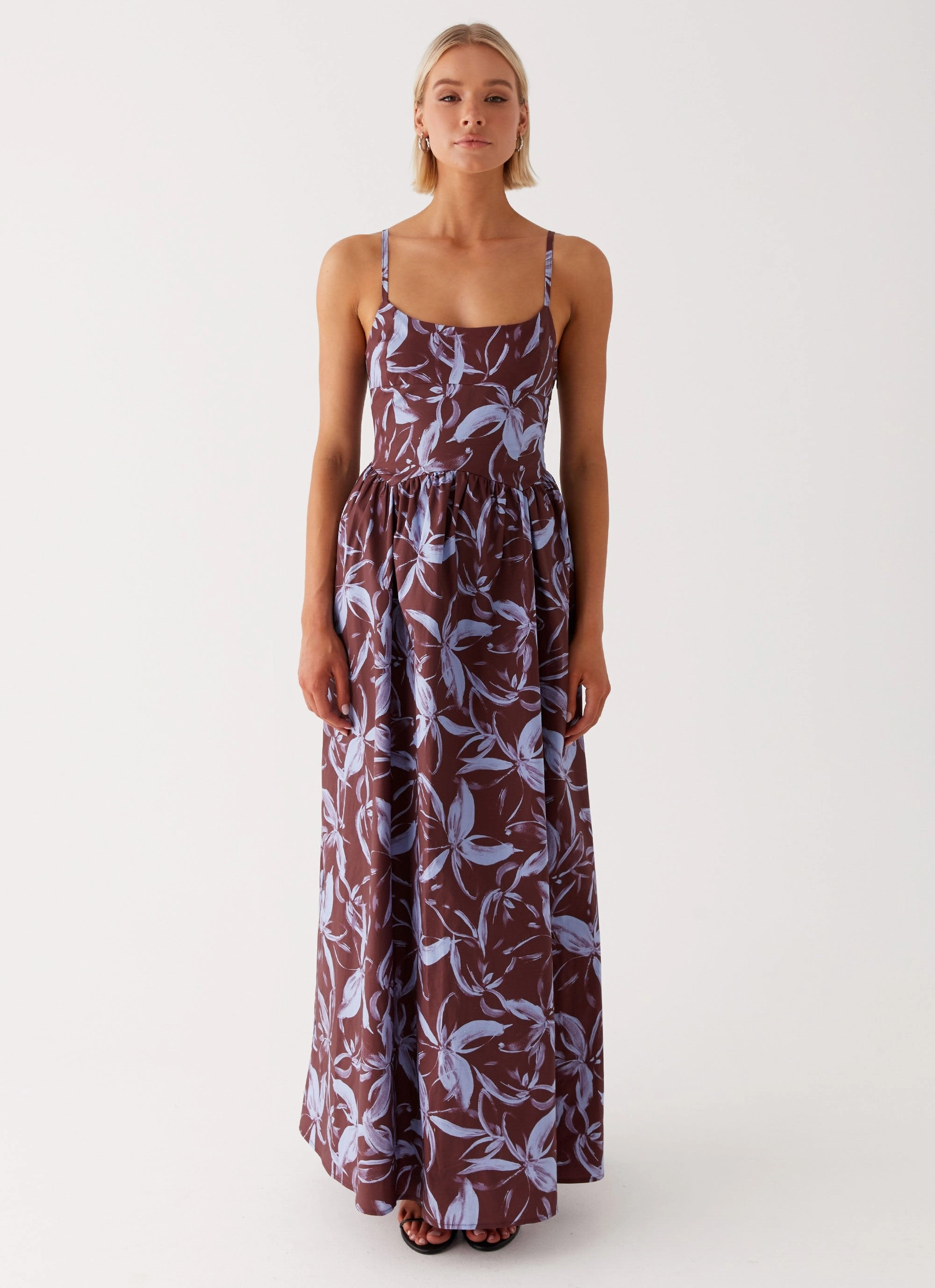 Tesoro Maxi Dress - Brown Purple Floral Ribbed-Texture Bare Arm