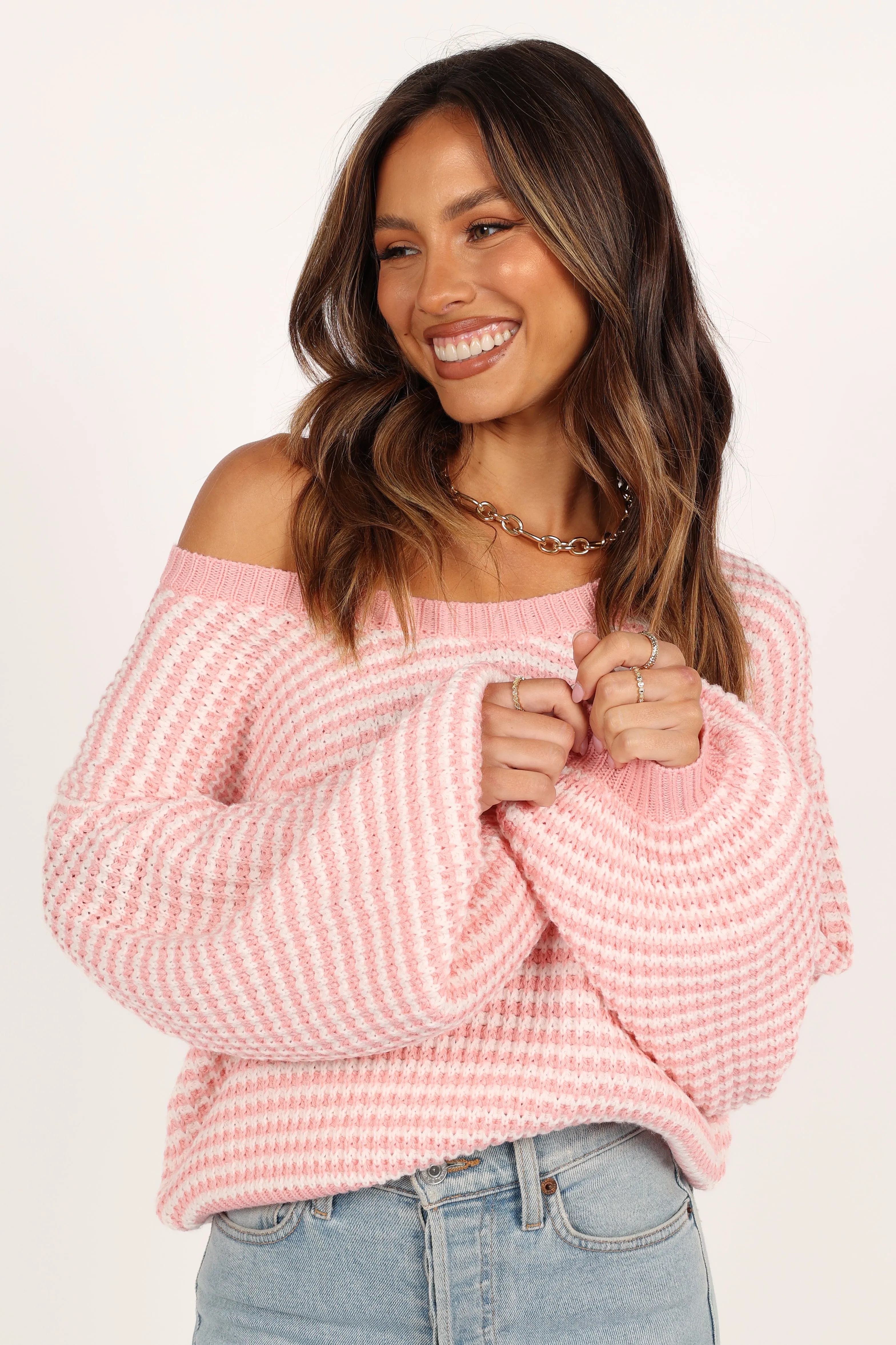 Breathable Mesh Panels Becca Crewneck Waffle Stitch Stripe Knit Sweater - Pink