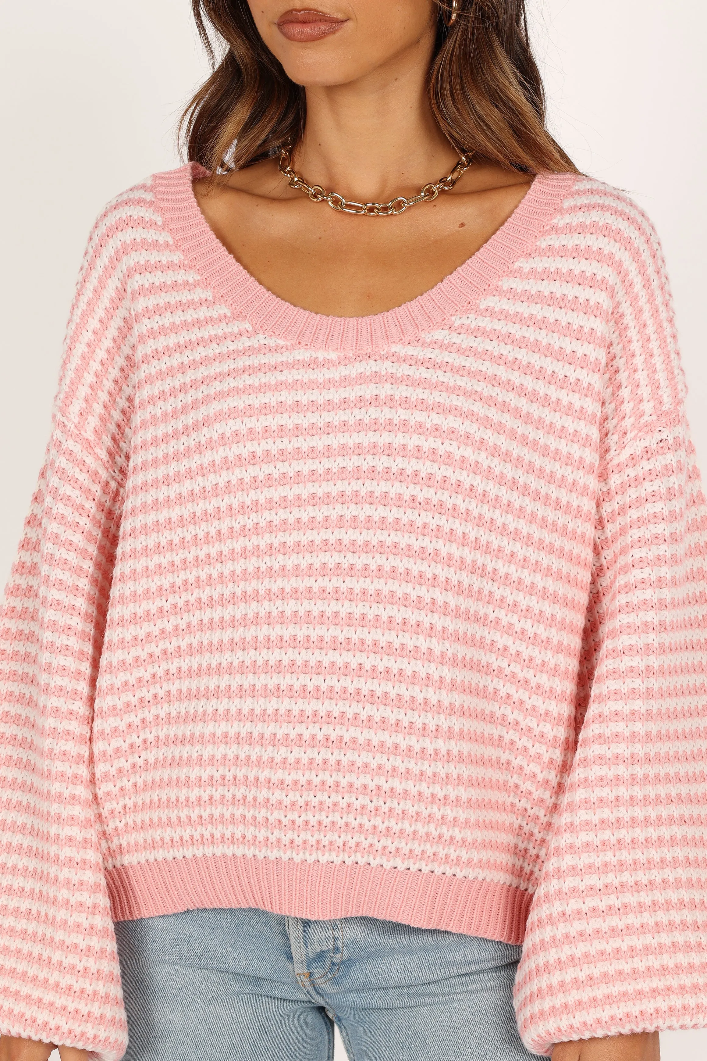 Becca Crewneck Waffle Stitch Stripe Knit Sweater - Pink Circular Knit Sustainability Guide