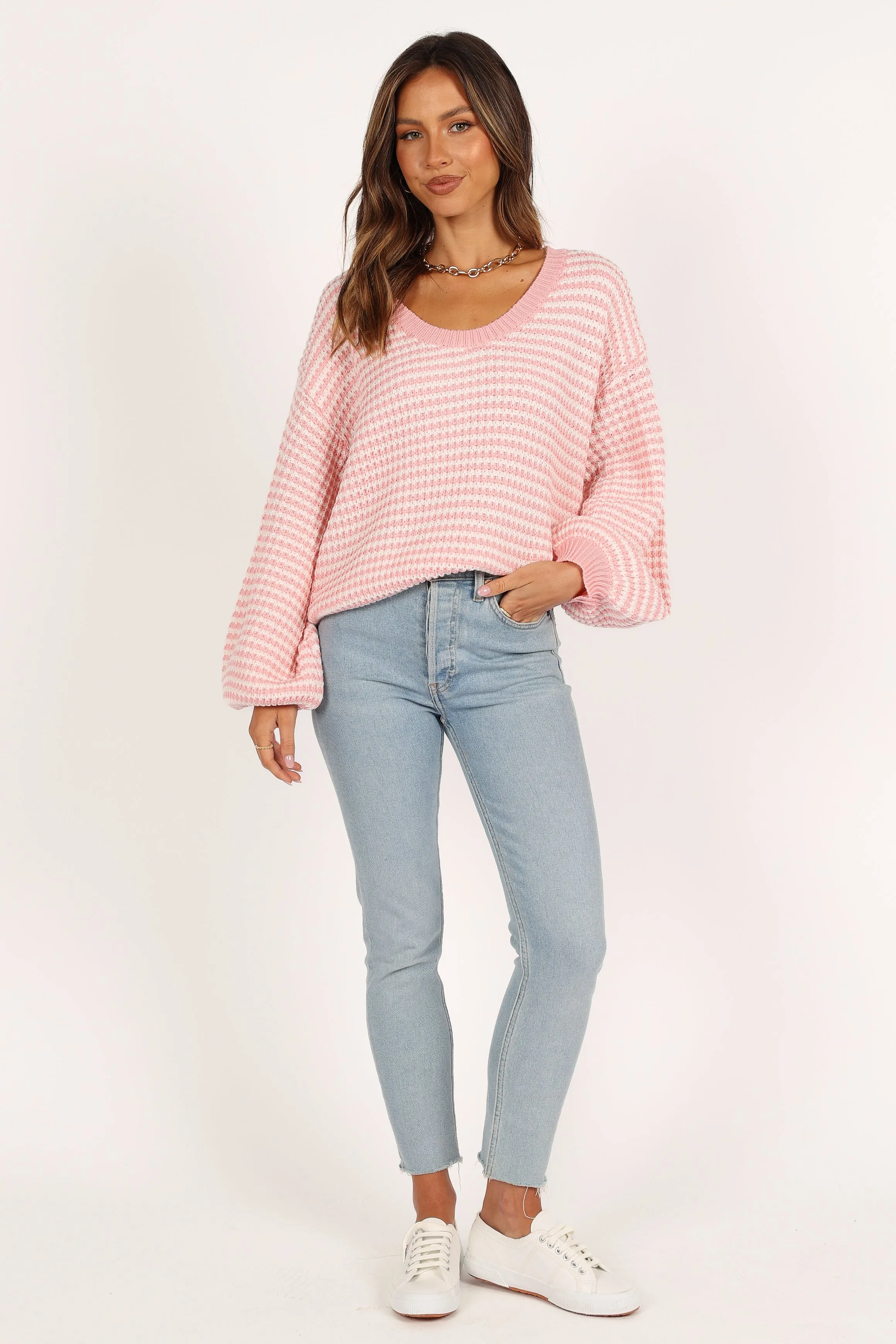 Fashion Ease Becca Crewneck Waffle Stitch Stripe Knit Sweater - Pink