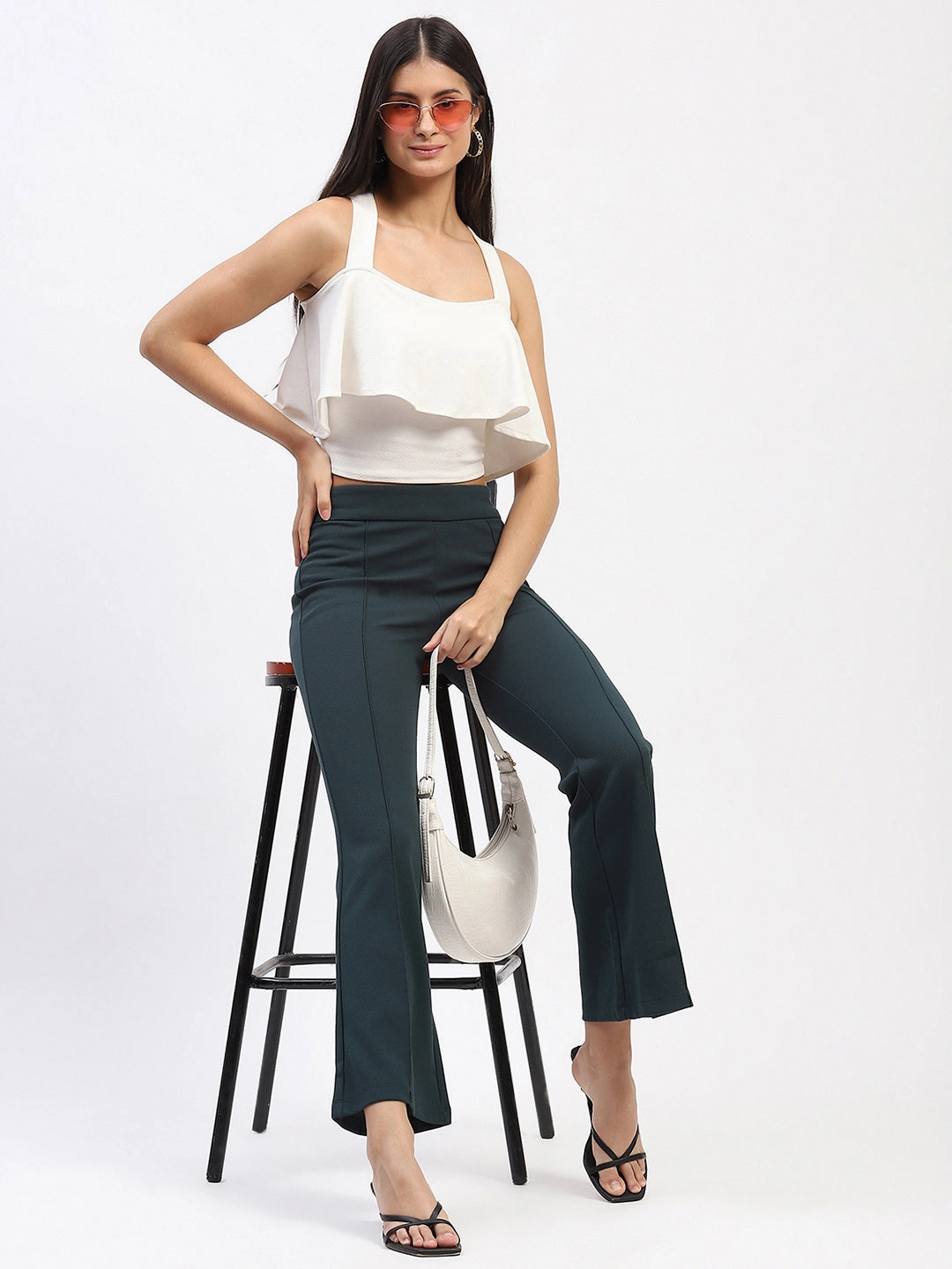 Madame Single Pleated Green Flared Trousers Recycled Polyester