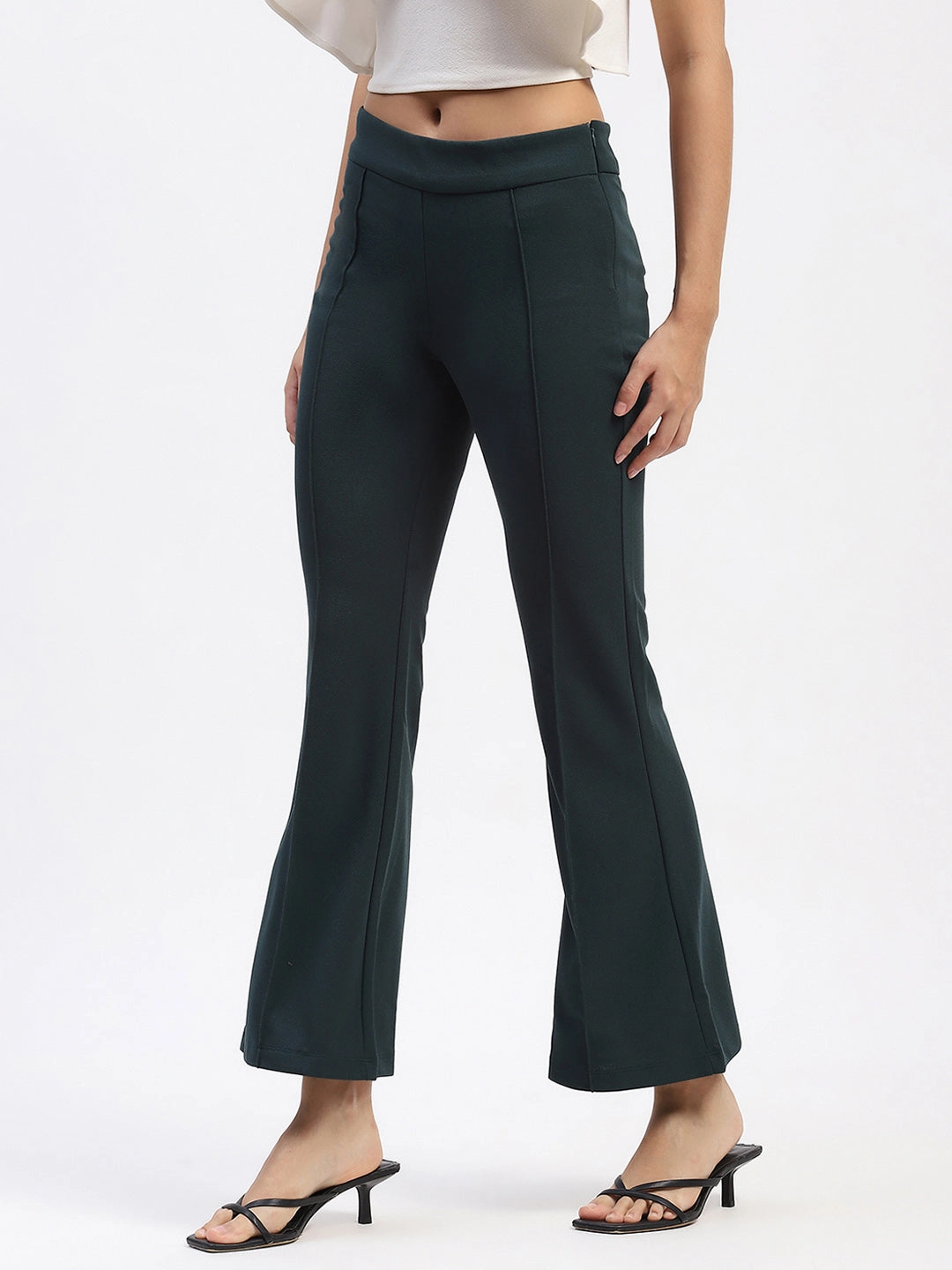 Multi Use Madame Single Pleated Green Flared Trousers