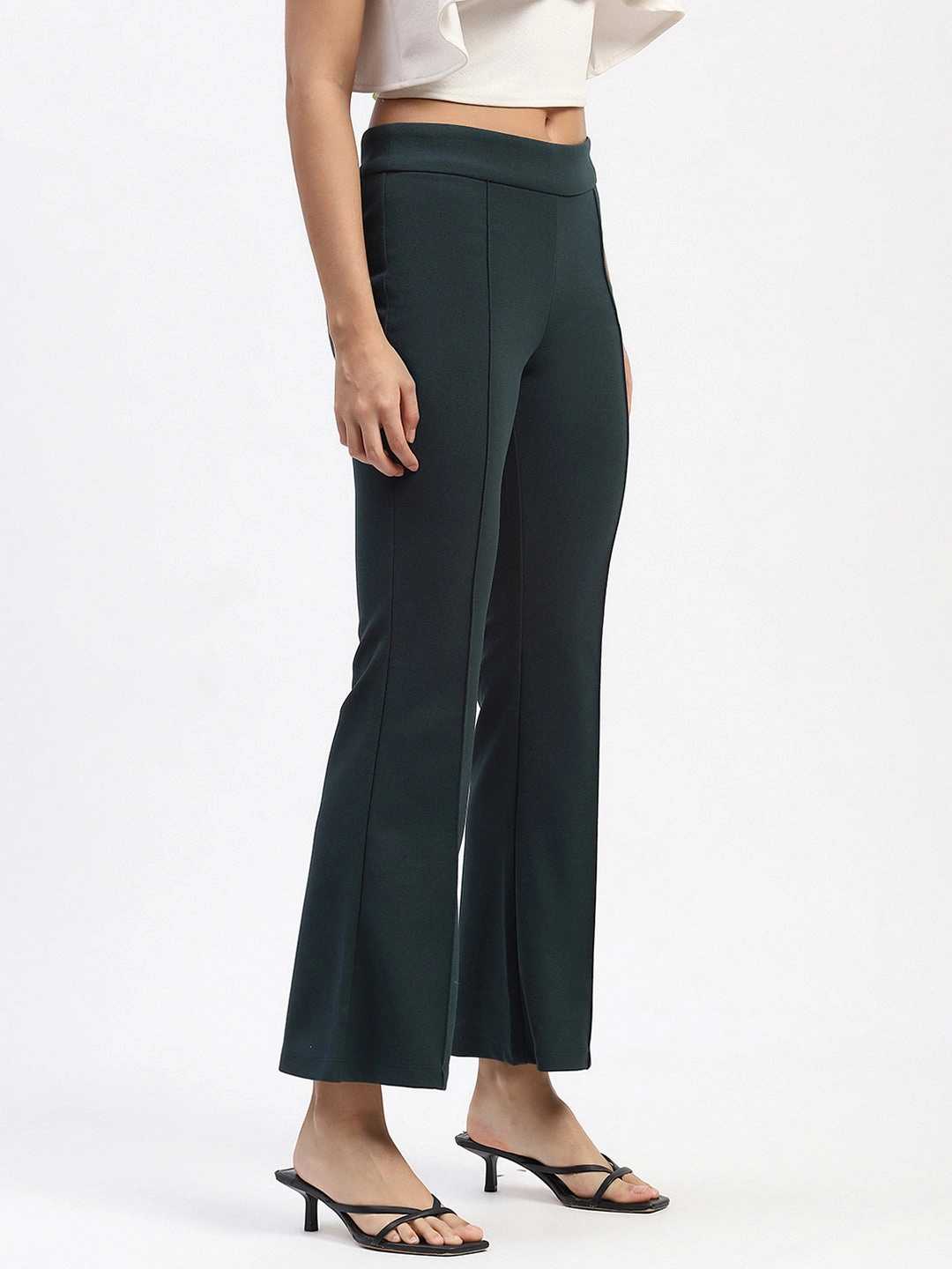 Supportive Waistband Madame Single Pleated Green Flared Trousers