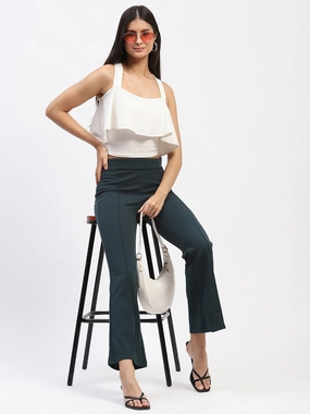 Madame Single Pleated Green Flared Trousers Recycled Polyester