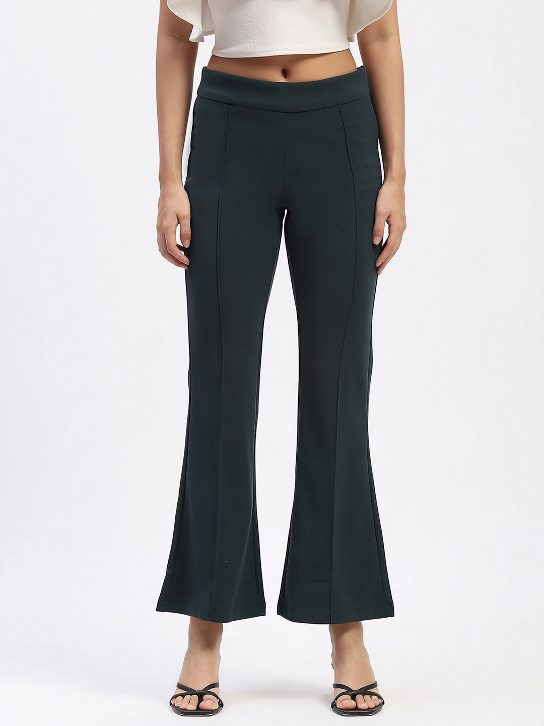 Neutral Shade Madame Single Pleated Green Flared Trousers
