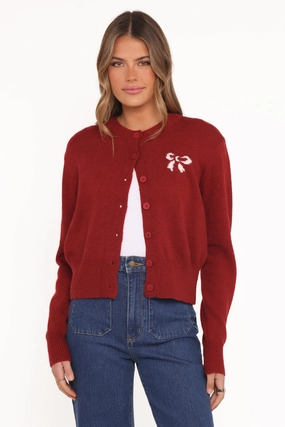 Organic Cotton Yarn QuickDry Weave Middleton Mini Bow Cardigan - Wine