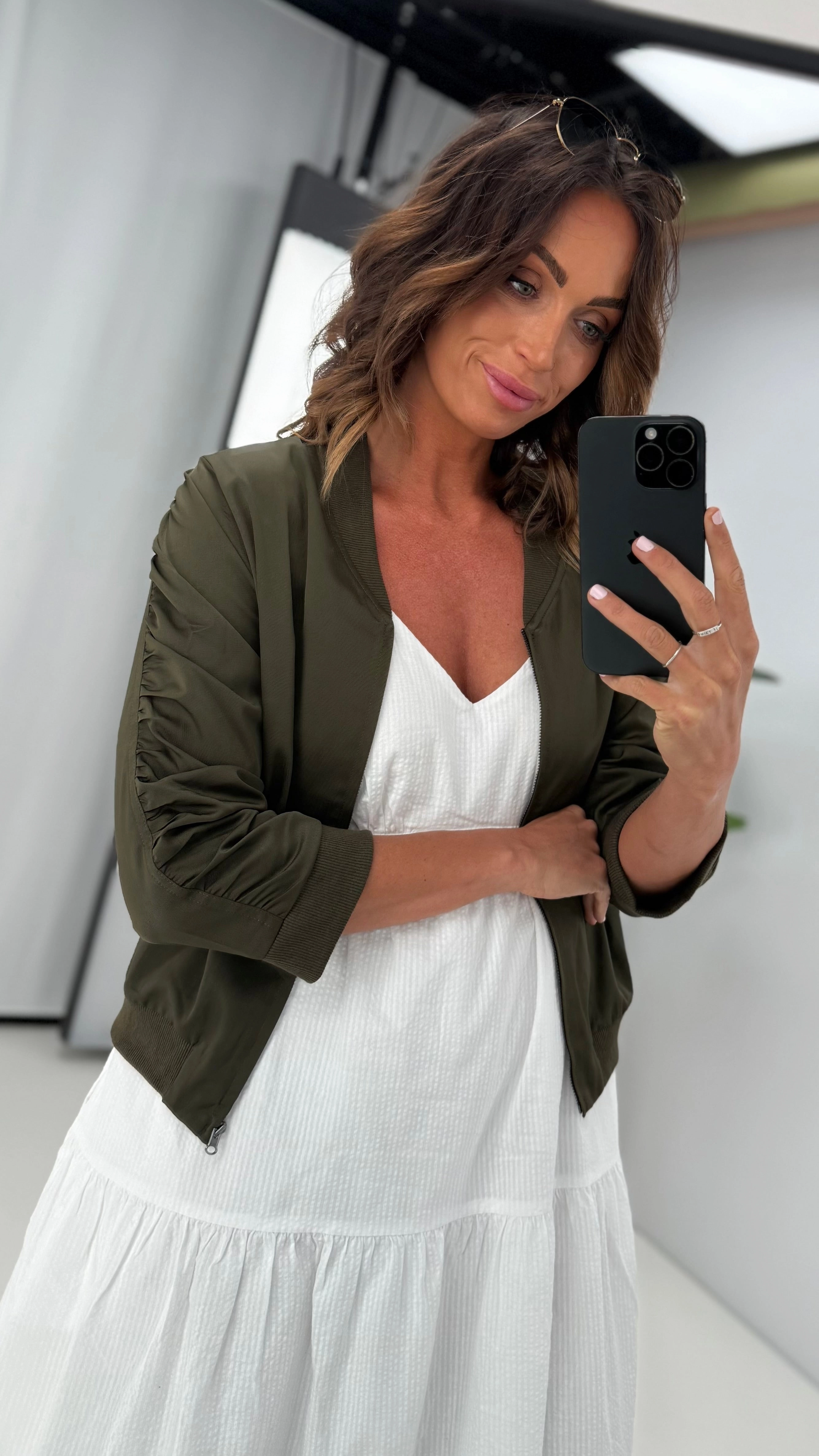 Eco Friendly Recycled Material HeatReflectiveLining Shine On Label Silvina Gathered Sleeve Bomber Jacket Olive