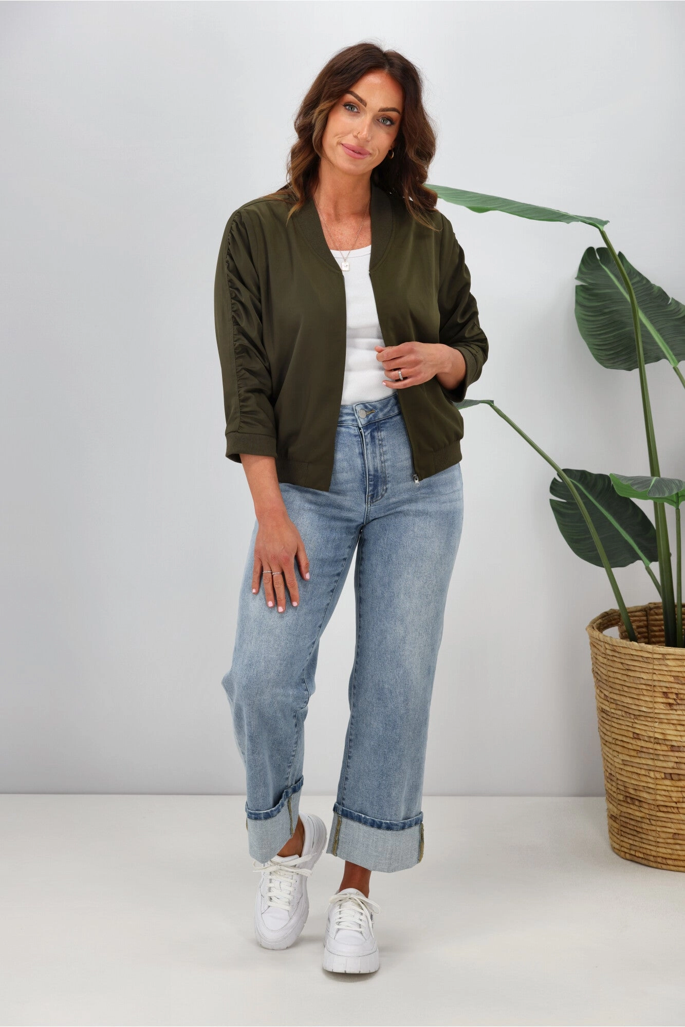 Minimalist Pocket Layout Shine On Label Silvina Gathered Sleeve Bomber Jacket Olive