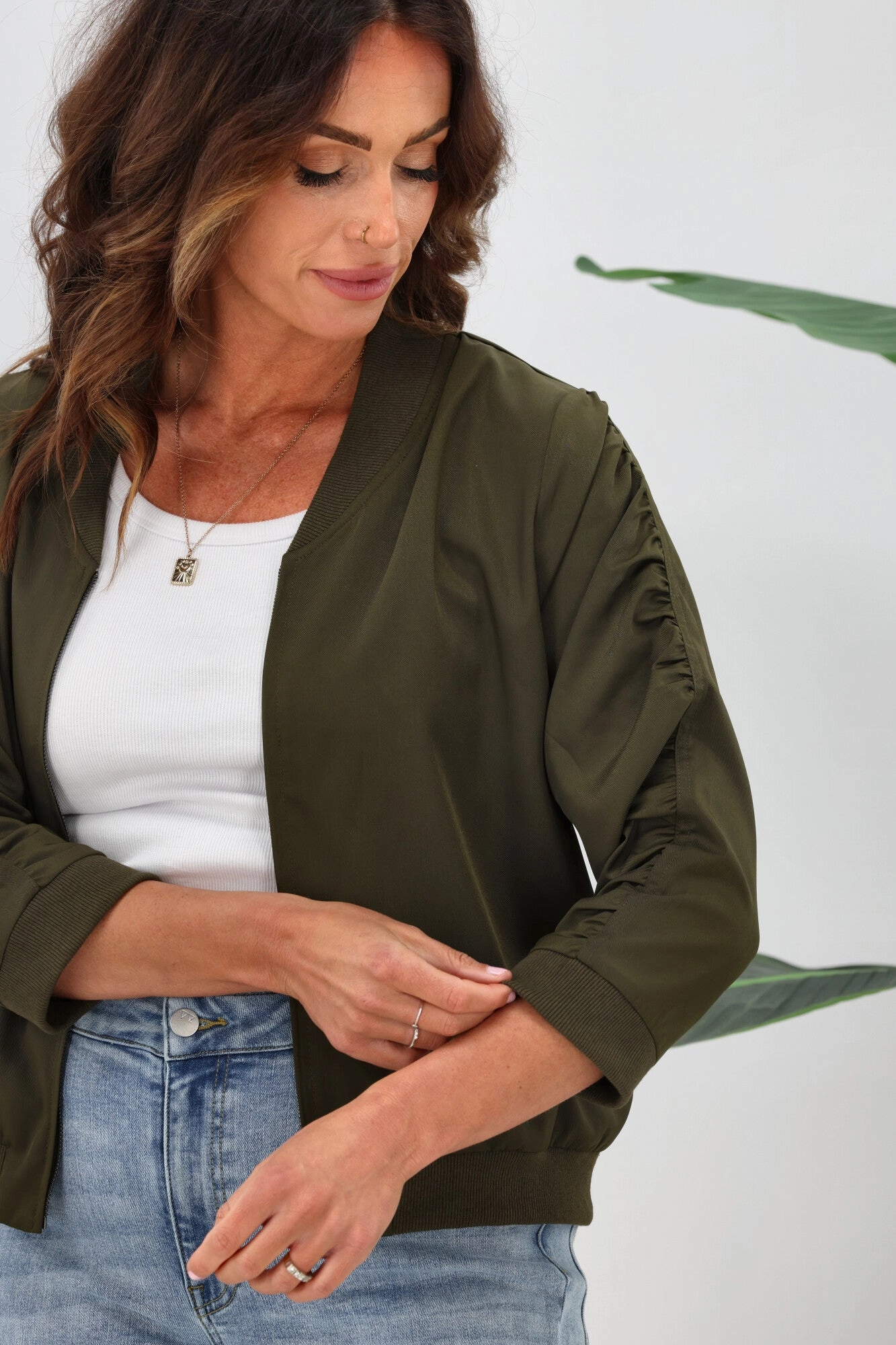 Shine On Label Silvina Gathered Sleeve Bomber Jacket Olive Abrasion Resistant Edges Thermal Insulated