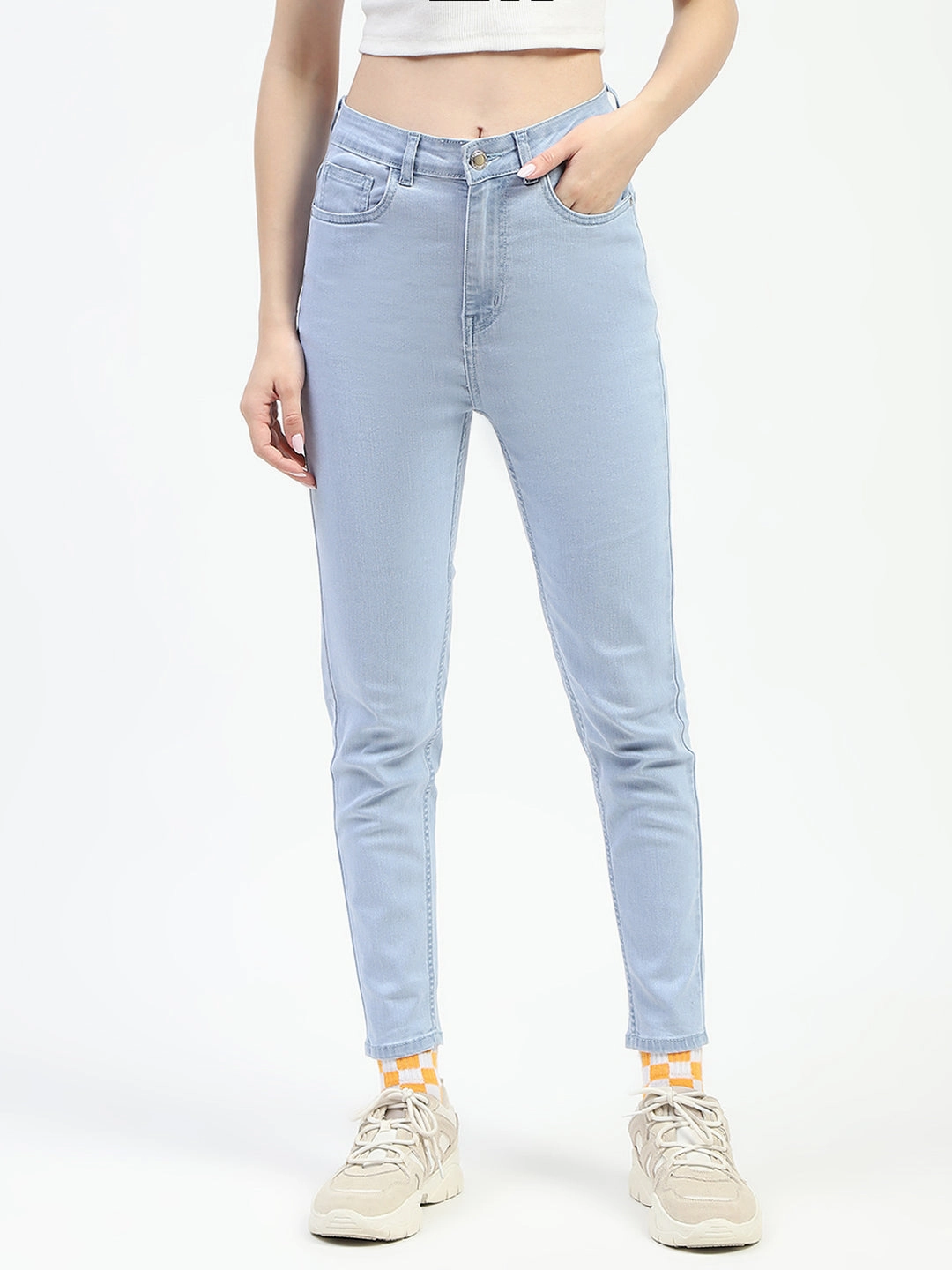 Madame Ice Blue Skinny Fit Cotton Denim Jeans Picnic Style Creative Look Minimalist Style