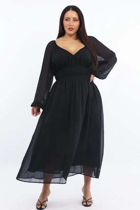 Black Midi Dress Long Sleeve Chiffon Sun-Protective Mesh-Sleeve