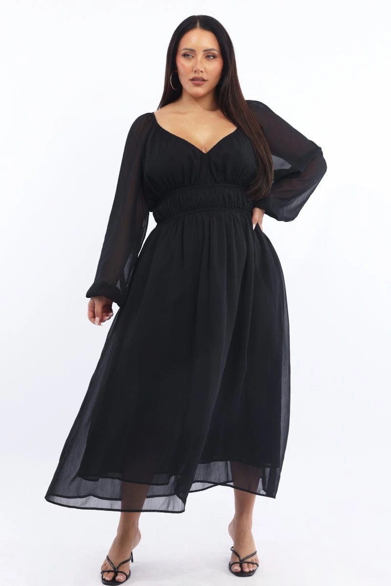 Black Midi Dress Long Sleeve Chiffon Sun-Protective Mesh-Sleeve