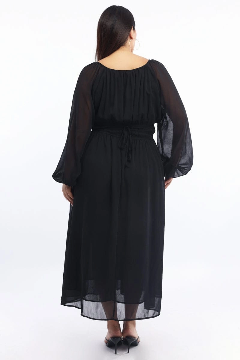 Perfect Layering Casual Fit Black Midi Dress Long Sleeve Chiffon