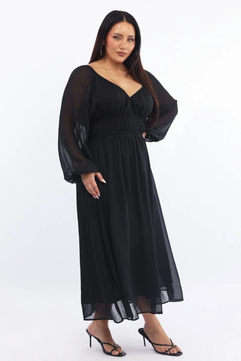 Scoop-Neck Black Midi Dress Long Sleeve Chiffon