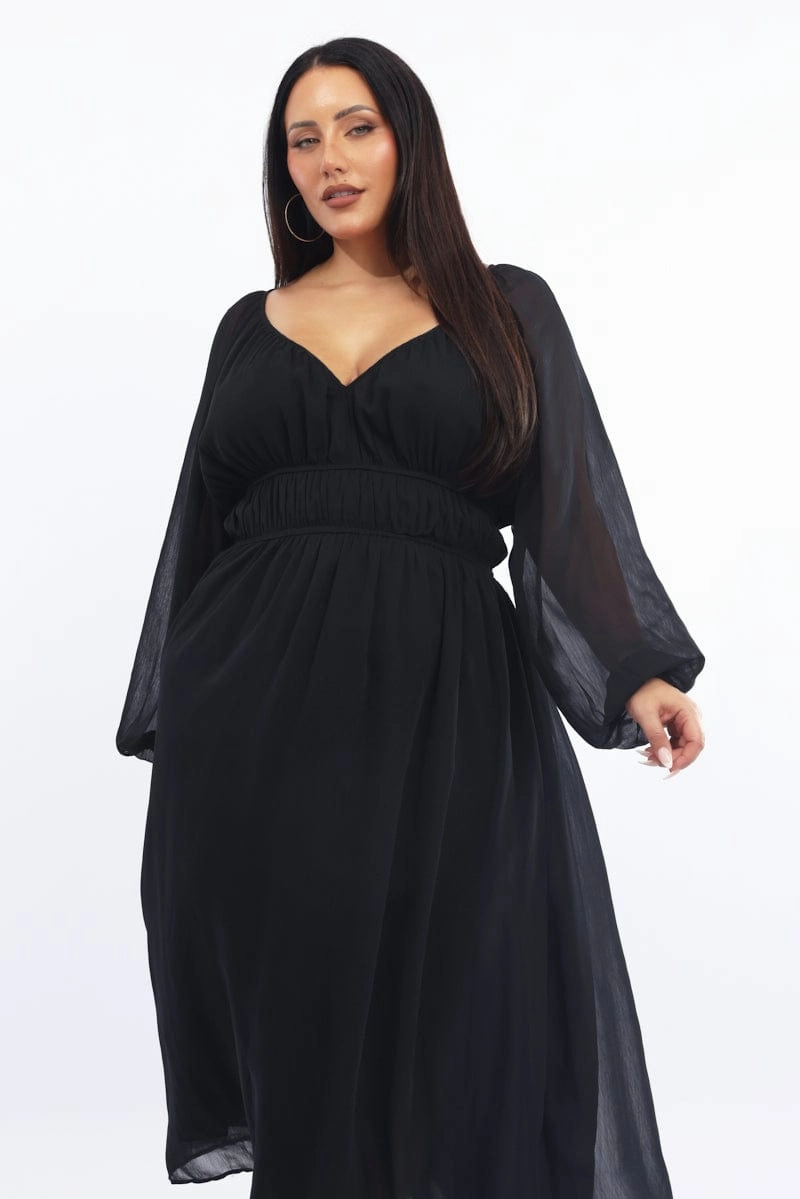 Happy Soul Black Midi Dress Long Sleeve Chiffon