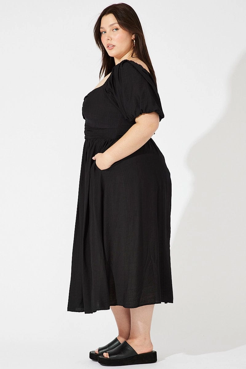 Urban Motion Neutral Look Black Ruched Waist Detail Midi Dress
