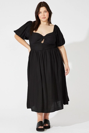 Chilly Comfort Black Ruched Waist Detail Midi Dress