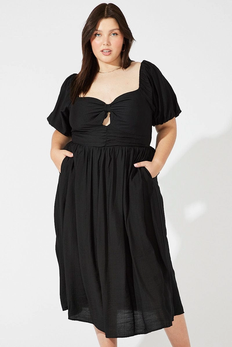 Black Ruched Waist Detail Midi Dress Relaxed and stylish Clean Grace