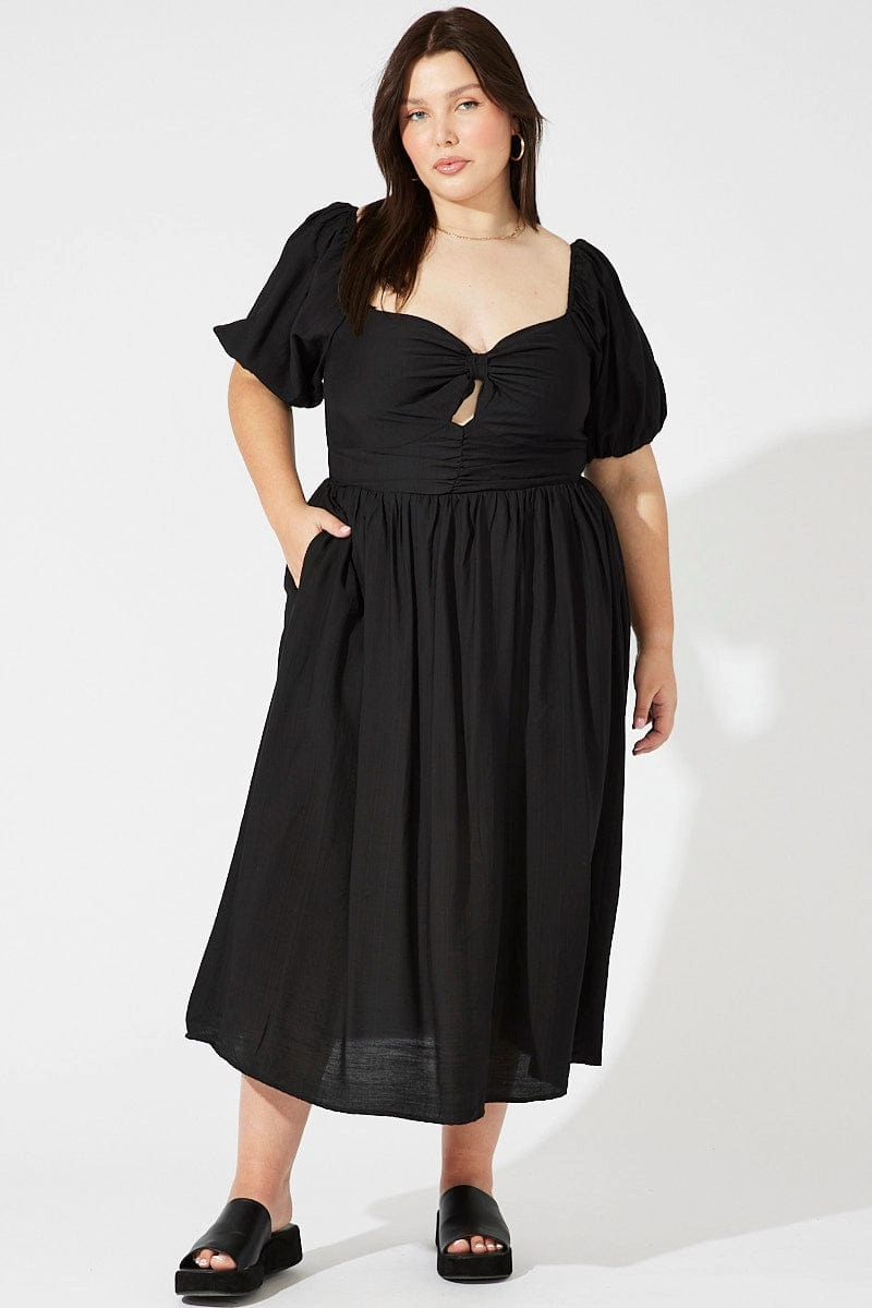 Black Ruched Waist Detail Midi Dress Stylish Mood Evening Classic