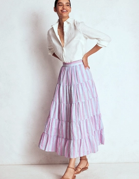Light Touch High Density Weave Tiered Poplin Midi Skirt-Metallic Stripe