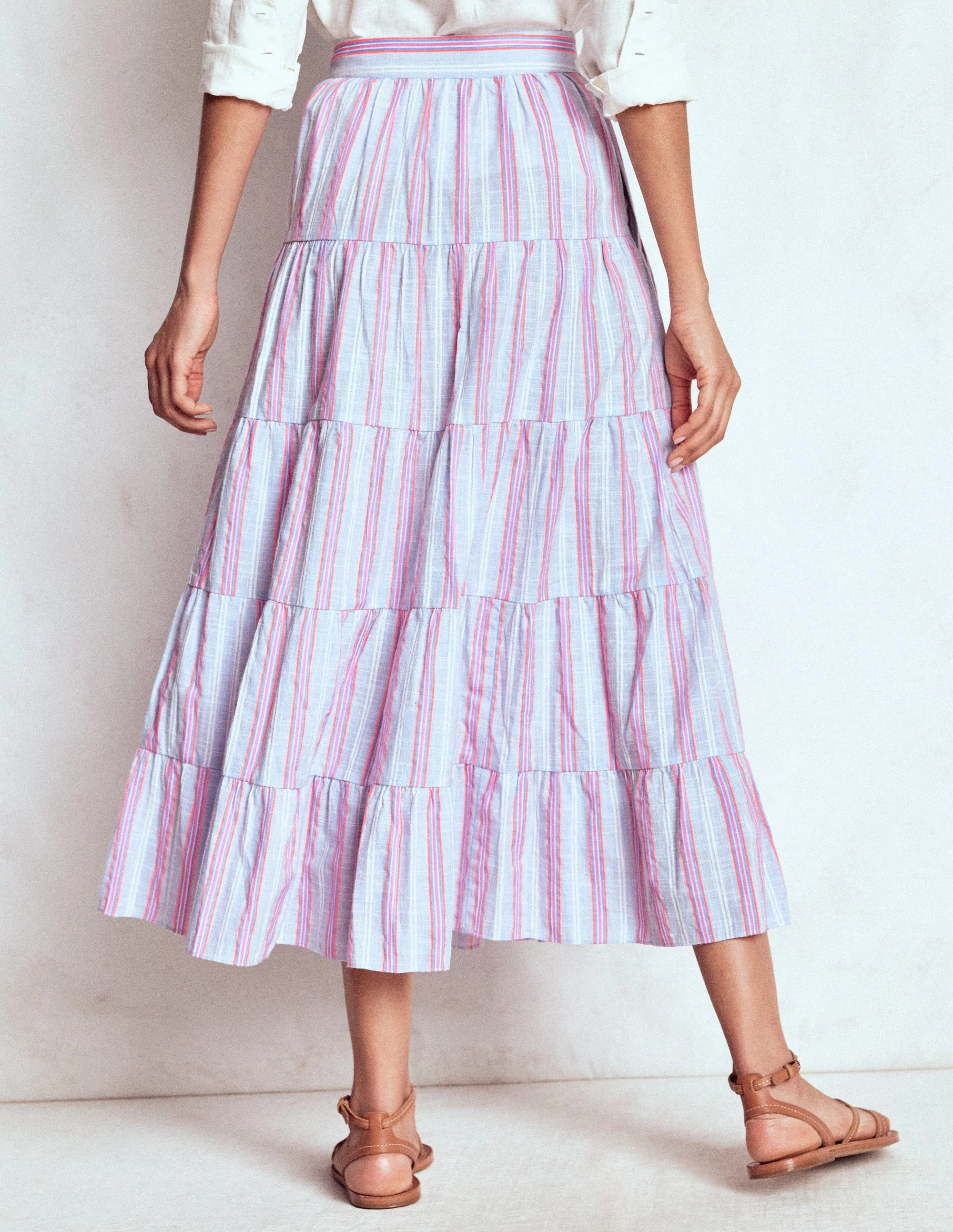 Tiered Poplin Midi Skirt-Metallic Stripe Neat Style