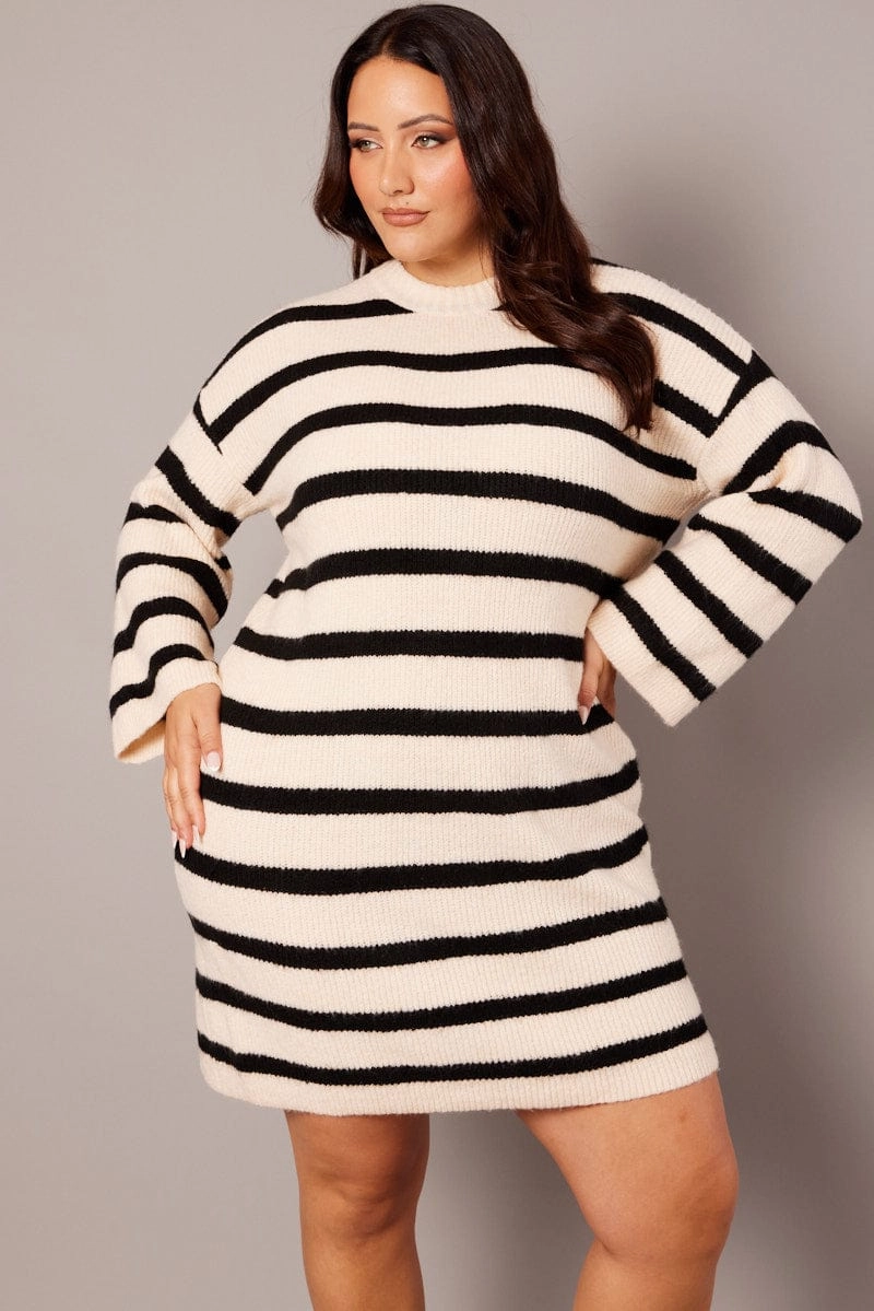 Black Stripe Stripe Sweater Dress Bold-Color Timeless Layer